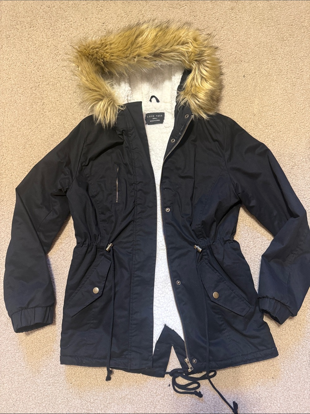 Love Tree Black Parka with Tan Faux-Fur Hood Trim